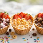 A colorful bowl of healthy breakfast sundaes topped with fruits and nuts