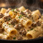 Plate of creamy Italian sausage rigatoni garnished with herbs