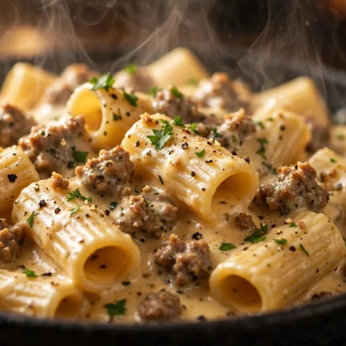 Plate of creamy Italian sausage rigatoni garnished with herbs