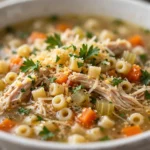 Bowl of steaming Italian Chicken Soup with herbs and vegetables