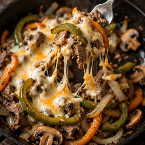 Keto Philly Cheese Steak Casserole in a baking dish, garnished and ready to serve.