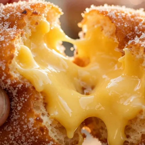 Fresh lemon curd filled donuts on a wooden table