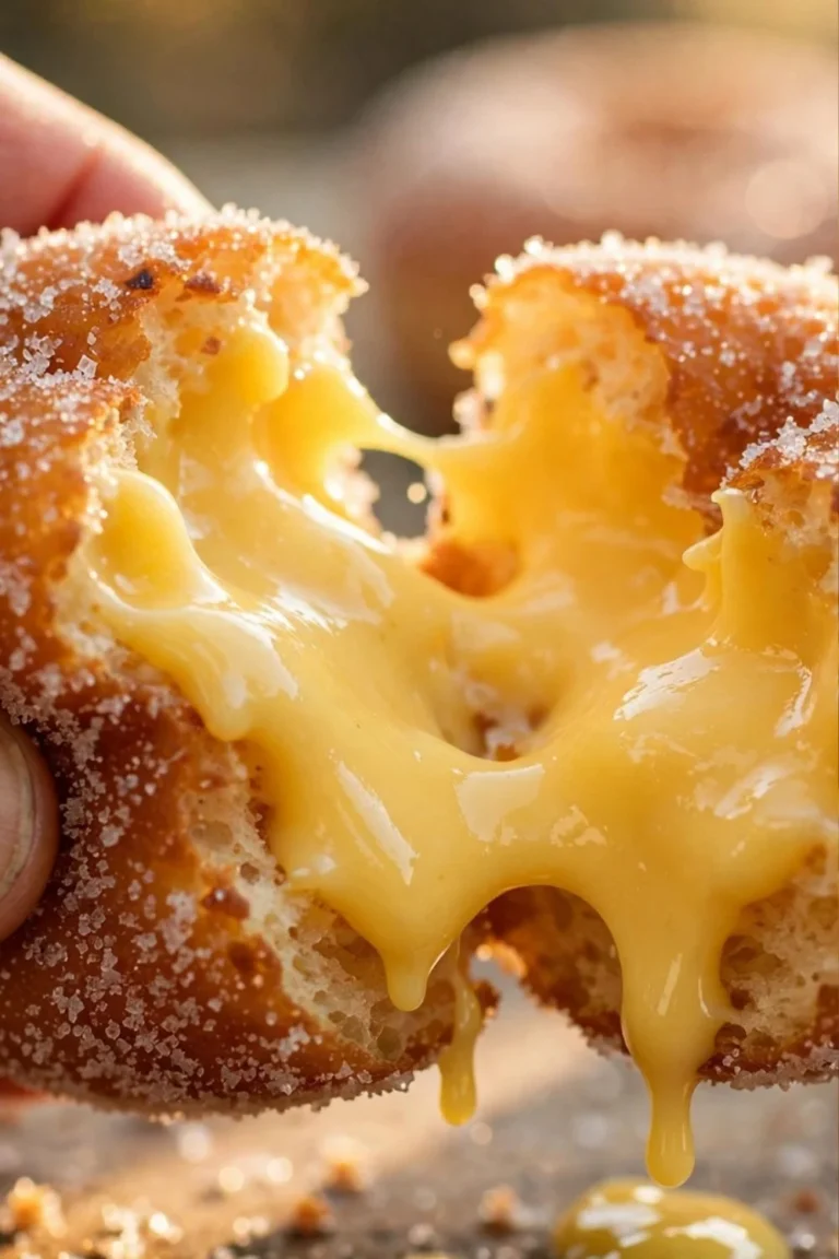 Fresh lemon curd filled donuts on a wooden table