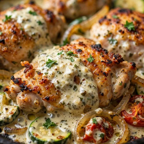 Mediterranean Chicken Zucchini Bake topped with fresh herbs and olives