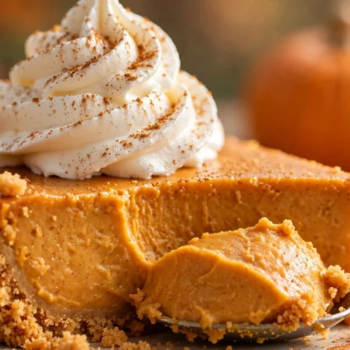 No bake pumpkin cheesecake topped with whipped cream and spices