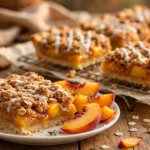 Delicious peach pie crumble bars with a buttery crumb topping.