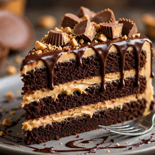 Peanut Butter Chocolate Layer Cake with rich chocolate layers and peanut butter frosting