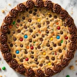 Reese's Peanut Butter Cookie Cake topped with chocolate and peanut butter swirl