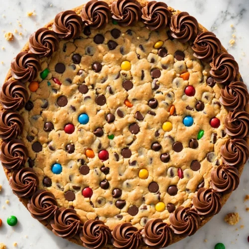 Reese's Peanut Butter Cookie Cake topped with chocolate and peanut butter swirl