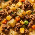Bowl of hearty Shepherd's Pie Soup with vegetables and mashed potatoes on top.