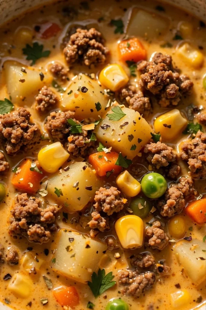 Bowl of hearty Shepherd's Pie Soup with vegetables and mashed potatoes on top.