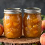 Small batch vanilla peach jam jar with ripe peaches and vanilla pods nearby